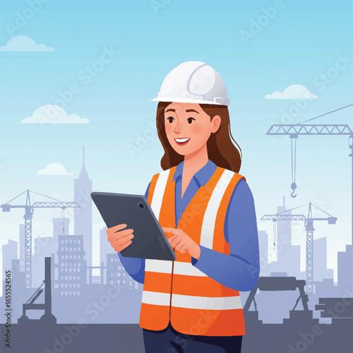 A smiling female engineer in a hard hat and safety vest uses a digital tablet at a modern urban construction site with cranes.