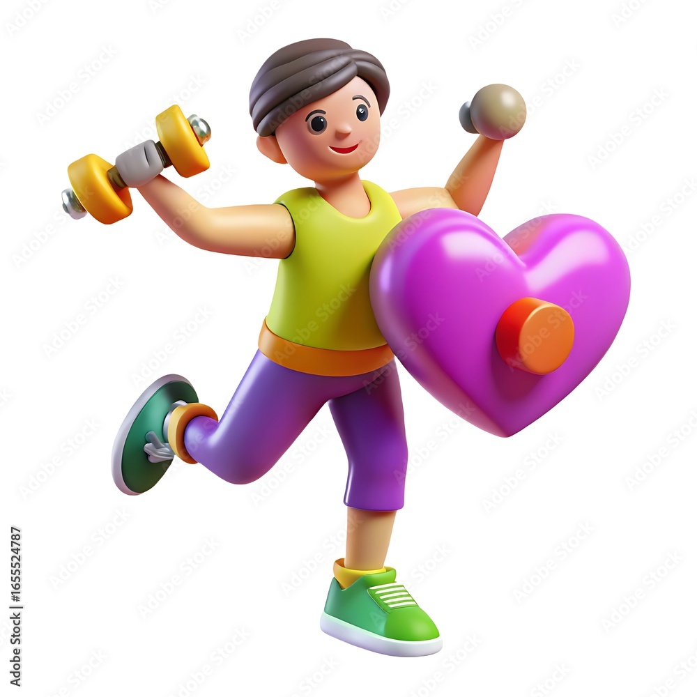 Obraz premium Cartoon character exercising with dumbbells and a heart symbol