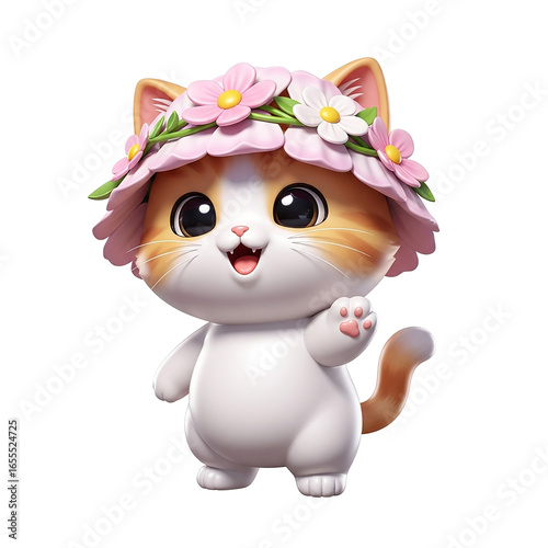 Adorable Cartoon Orange White Cat Wearing Flower Hat Waving Hello Happily