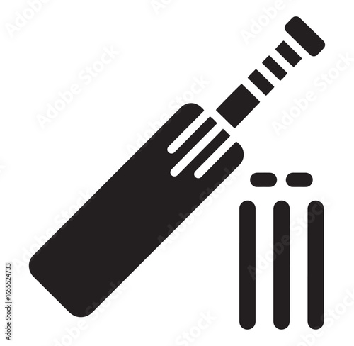 Simple black and white cricket bat and wickets sports icon illustration on white background