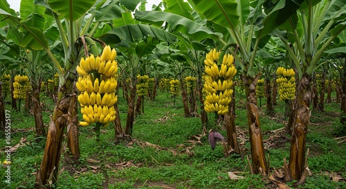 Lush Banana Plantation: Rows of Ripe Fruit and Tropical Foliage