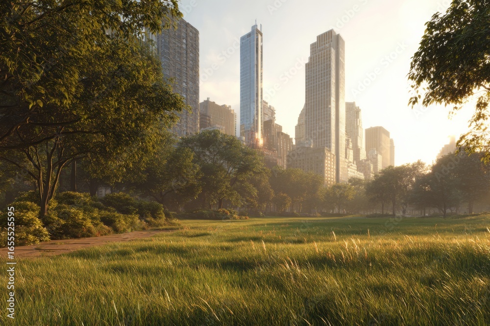 Fototapeta premium Lush green city park surrounded by tall skyscrapers, symbolizing balance between urban development and nature.