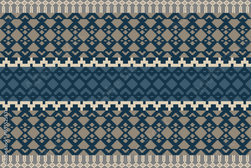 Blue and Earthy Tone Traditional Embroidery Art Abstract with Pixel Art Designs for Textile Print