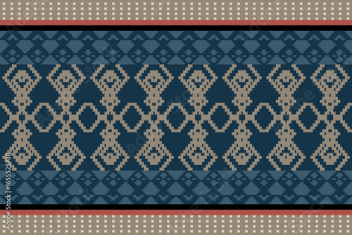Blue and Earthy Tone Traditional Embroidery Art Abstract with Pixel Art Designs for Textile Print
