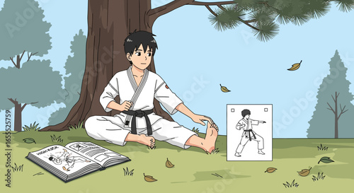 Young karateka training outdoors under tree with instructional manual