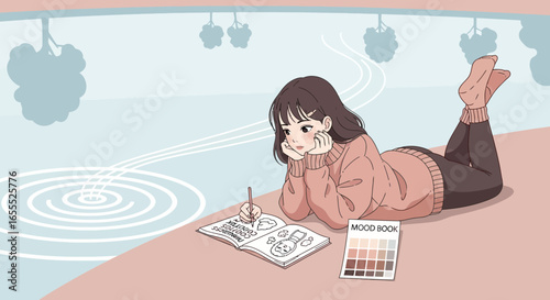 Cartoon girl lying near the pond sketching in her notebook, inspired by nature