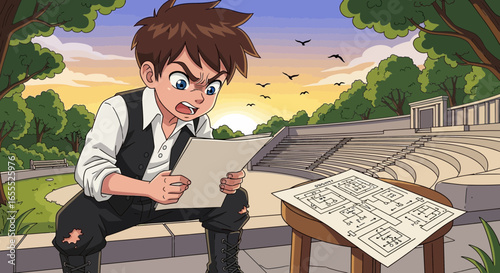 Frustrated Young Inventor Scrutinizing Technical Blueprint in a Park Setting