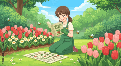 Enchanting garden scene illustration depicting a girl reading gardening guide book