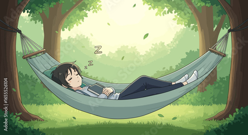 Serene afternoon nap in hammock amidst tranquil woodland, book companion and subtle breeze