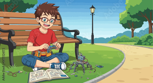 Animated illustration depicting a young inventor building a robot in the park