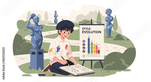 An artist drawing in a park surrounded by sculptures and artistic inspiration