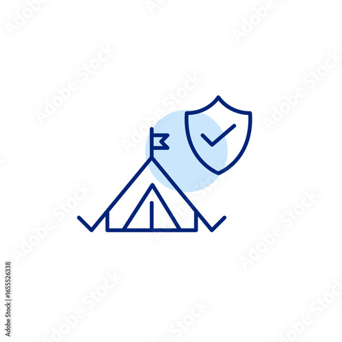 Verified camping safety, trusted outdoor protection, secure campsite, approved gear, protected adventure. Tent, shield and checkmark. Pixel perfect, editable stroke vector icon