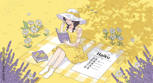 Anime-style illustration featuring a girl reading a book in a tranquil floral meadow
