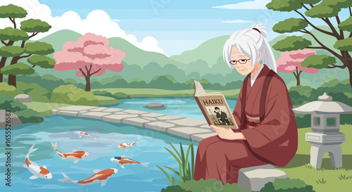 Elderly woman reading haiku book in serene Japanese garden with koi pond