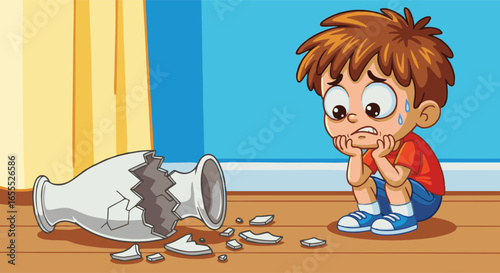 A distraught boy contemplates a shattered vase, filled with regret.