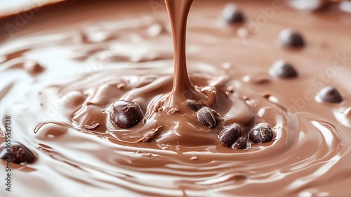 Melted chocolate with chocolate chips flowing in a swirling pattern.