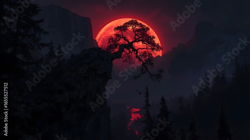 Dark fantasy landscape with a glowing blood moon over mountains, a fiery river flowing through the valley, and silhouettes of trees and birds in the night sky.