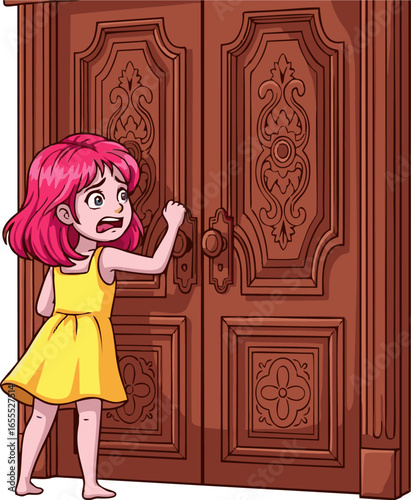 Anxious pink-haired girl in yellow dress reaches for ornate wooden double doors