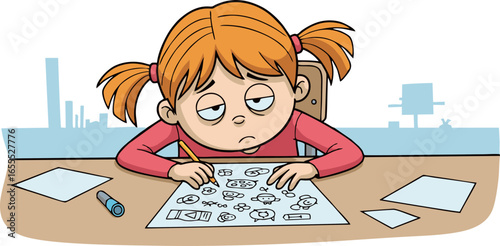 Bored Girl Drawing Simple Designs at Desk