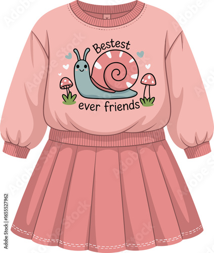 Charming children's dress featuring a sweatshirt top with a snail and mushroom graphic and the phrase "Bestest ever friends", paired with a pleated skirt