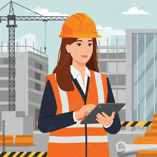 A professional female engineer wearing a hard hat and safety vest uses a digital tablet at a modern urban construction site, overseeing building development.