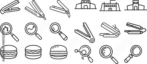 Vector art of line art icons of staplers, hair straighteners, magnifying glasses, and macarons, representing office supplies, beauty, research, and sweets