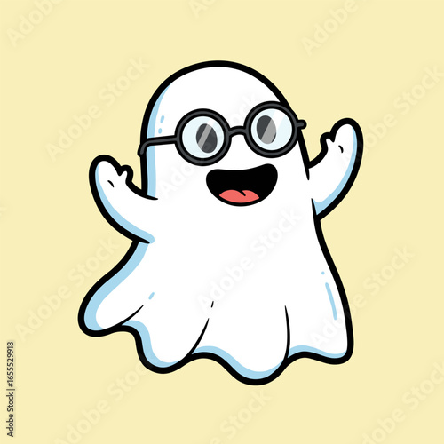 Goofy ghost with glasses raising its arms on a light yellow background.