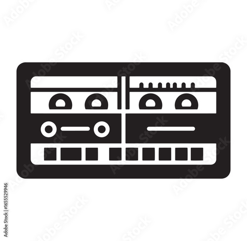 Minimalist icon representation of an old school radio control panel in black and white