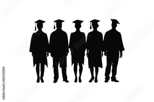 Group of five graduates in academic gowns and caps silhouette isolated on white background