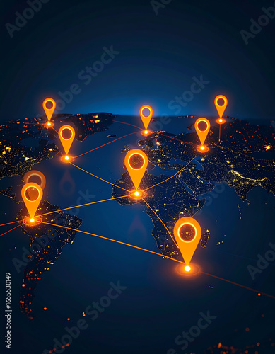 Global Network with Glowing Location Pins on World Map.