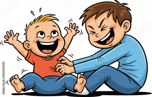 Cartoon Brother Tickling Baby Brother with Joyful Laughter and Raised Hands