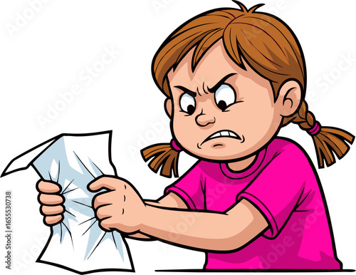 Cartoon girl with pigtails in pink shirt crumpling paper with angry expression