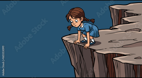 Cartoon girl with pigtails peers over a dangerous cliff edge with worry
