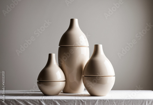 Modern ceramic vases with organic shapes, neutral tones, soft daylight, elegant composition