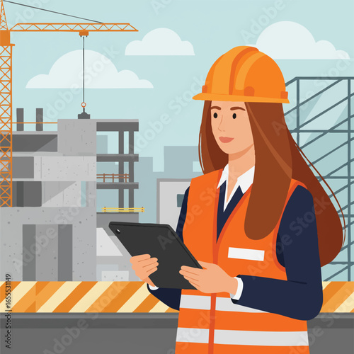 A female construction engineer in a hard hat and safety vest inspects a building blueprint on a tablet at a construction site.