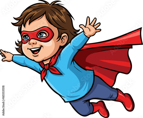 Cartoon Superhero Child with Red Mask and Cape Soaring with Joyful Expression