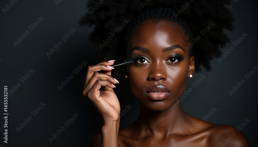 Obraz premium Beautiful young African American woman with natural hair applying cosmetics professional beauty routine close up