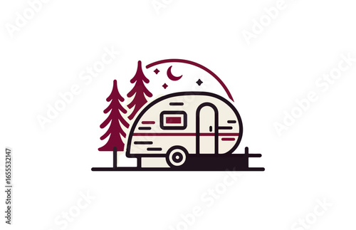Vintage campervan in forest nighttime scene illustration
