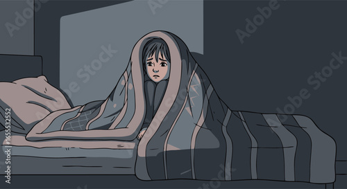 Child Huddled Under Blanket in Bed at Night, Feeling Afraid