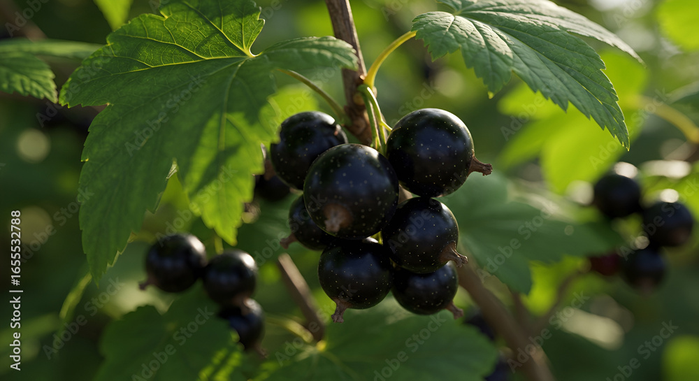 Blackcurrant bush with ripe berries, macro focus Blackcurrant bush with ripe berries, macro focus