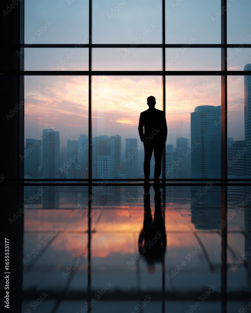 Fototapeta premium Business leader standing in front of floor-to-ceiling windows overlooking a modern city skyline, representing vision and ambition.