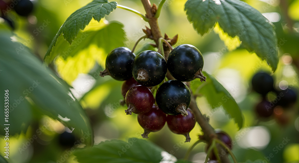 Blackcurrant bush with ripe berries, macro focus Blackcurrant bush with ripe berries, macro focus