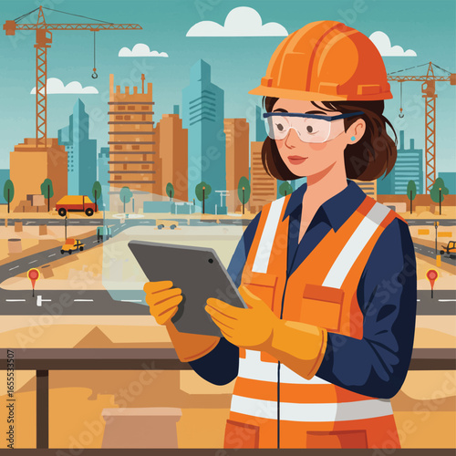 A confident female construction engineer in a hard hat and safety vest reviews digital plans on a tablet at a bustling urban construction site.