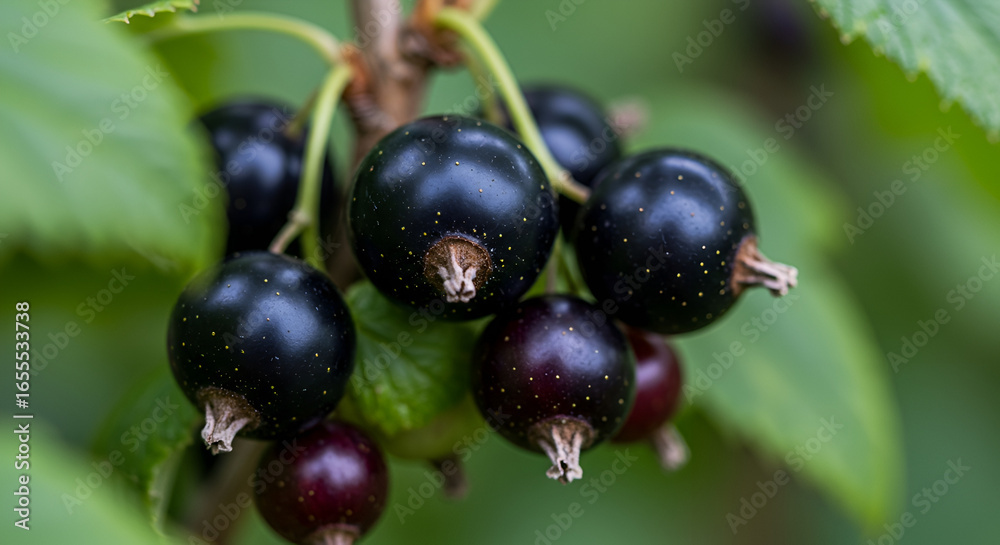 Blackcurrant bush with ripe berries, macro focus Blackcurrant bush with ripe berries, macro focus