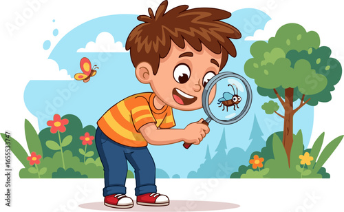Curious Boy Examining Insect Through Magnifying Glass Outdoors