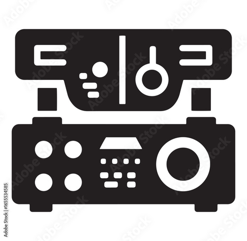 Stylized black and white vector illustration of a vintage analog audio amplifier