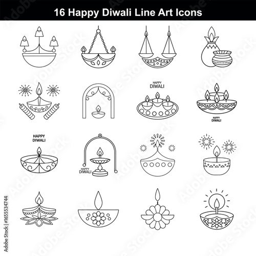 Happy Diwali Festival Icons Premium Minimalist Line Vector Illustration Collection