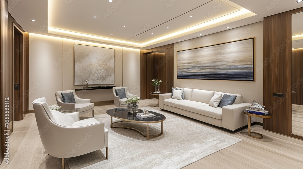 Fototapeta premium Modern Luxury Living Room with Elegant Furniture and Stylish Decor