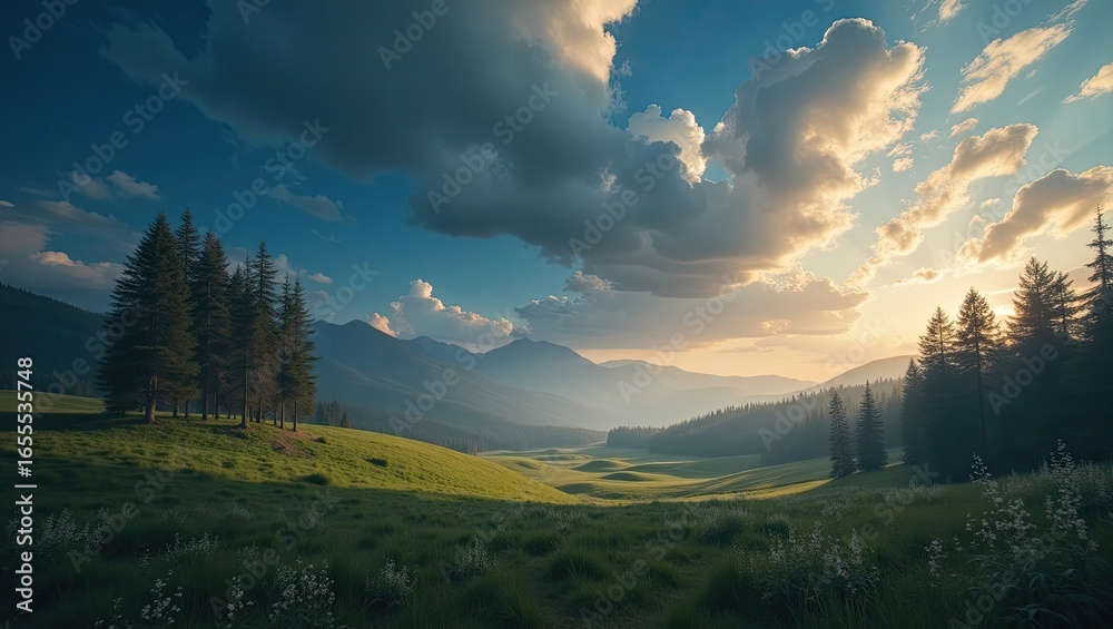 Fototapeta premium A serene valley bathed in the golden light of a setting sun.