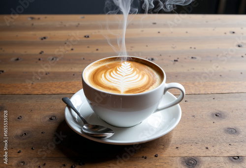 Morning breakfast with a hot cappuccino and a steaming cup of coffee on a wooden table